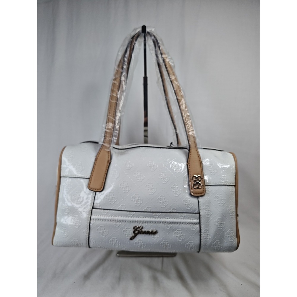 NWT Guess Reiko Satchel Women's Handbag White Tan Monogram Patent PG356009